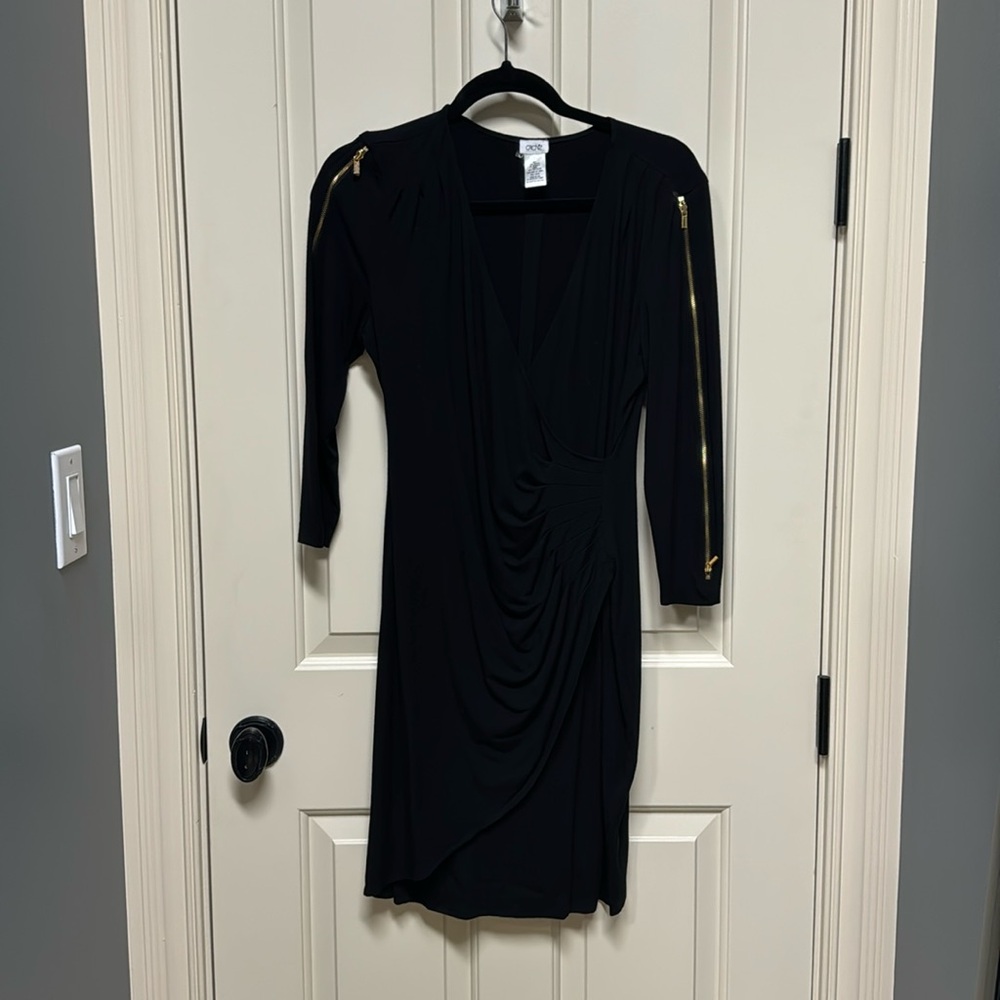 Black, Faux Wrap, Cache, Cocktail Dress